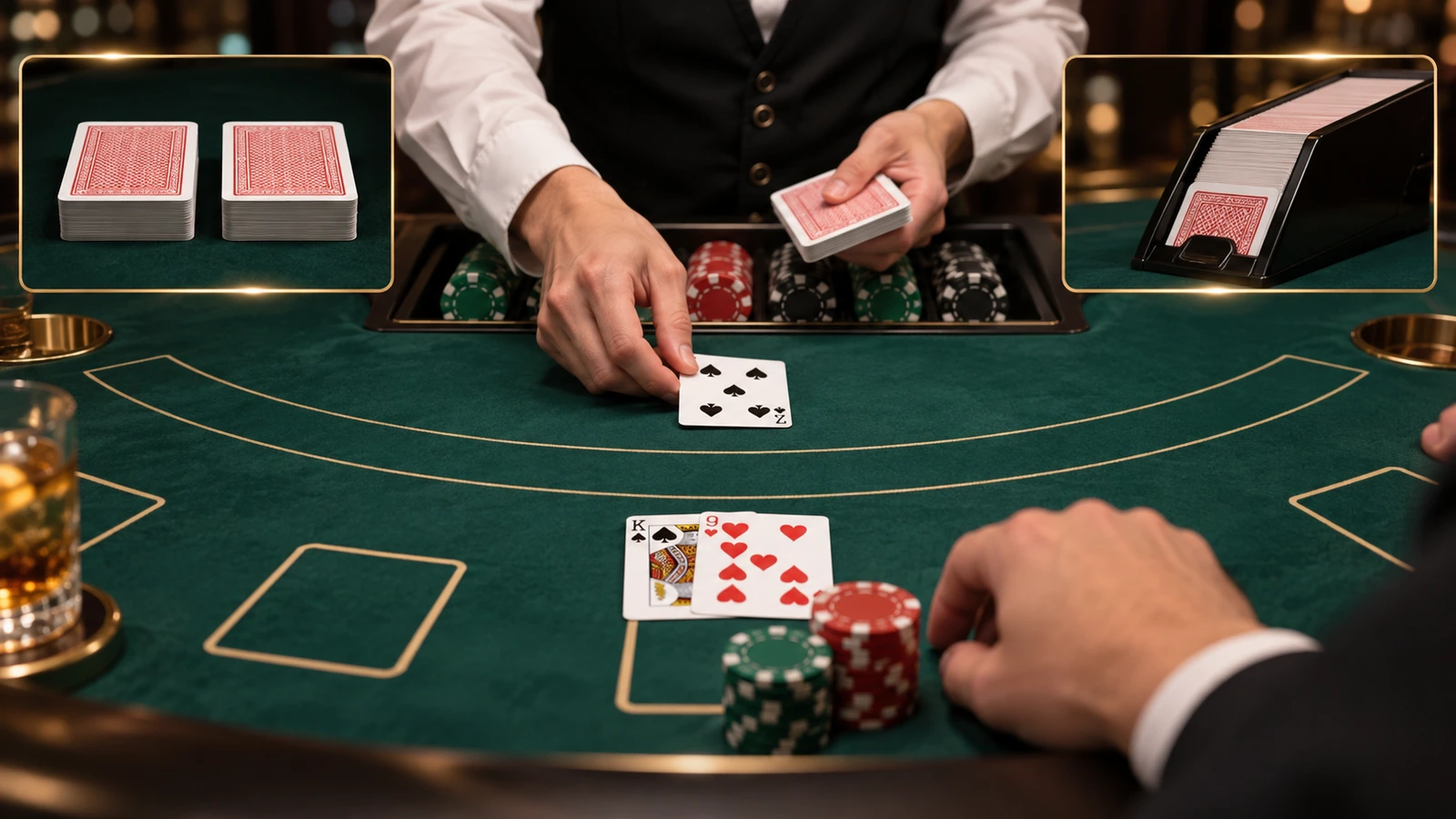 Blackjack dealer, chips and cards illustrating tournament rounds and chip-count play